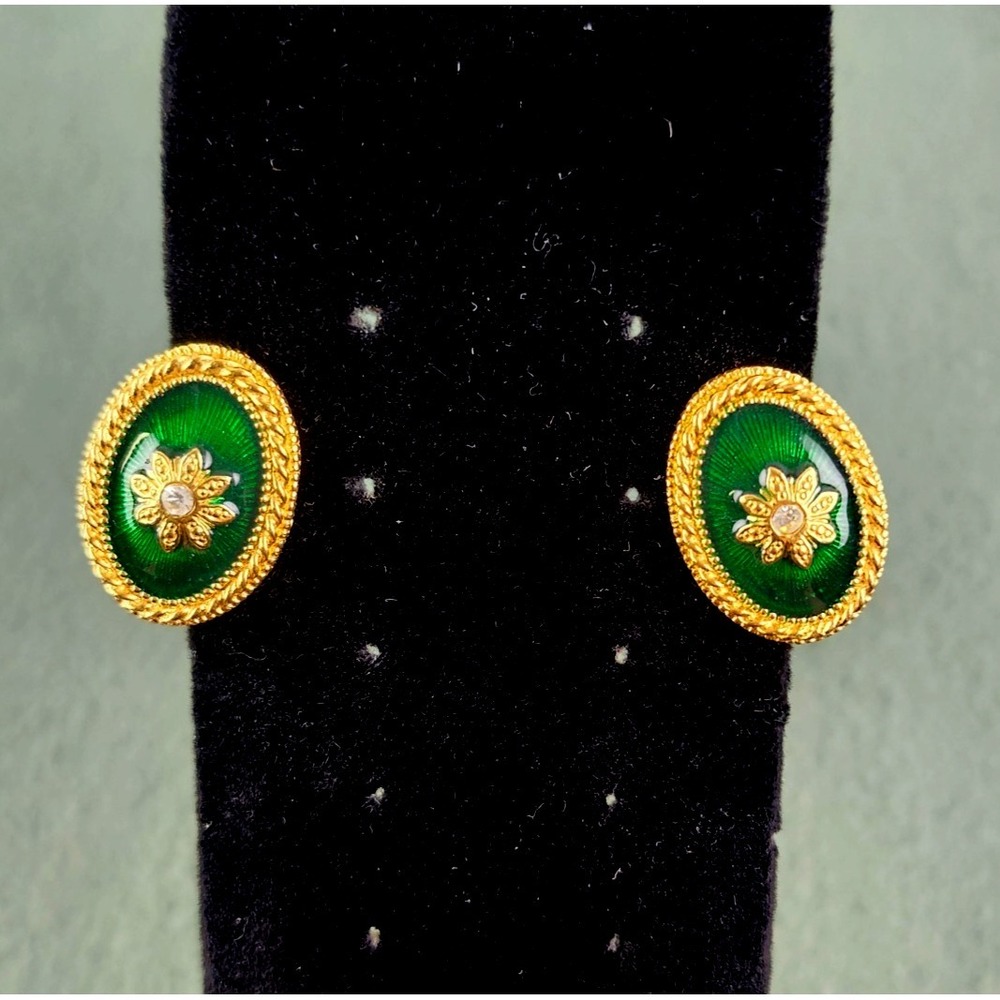 Vintage Green Guilloche Enamel Flower Clip On Earrings Gold Tone Rhinestone Oval